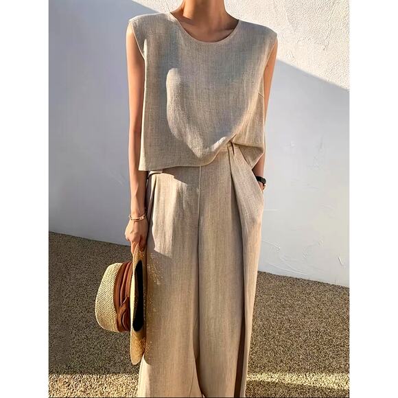 Casual Two Piece Sleeveless Crew Neck Pleated Pant Set Khaki 12 - Picture 3 of 3